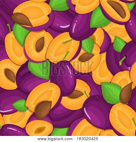 Ripe juicy plum seamless background. Vector card illustration. Closely spaced fresh plumss fruits peeled, piece of half, slice. Plum seamless pattern for packaging design food, juce.
