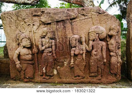 Stone sculpture and relief in Sukuh Temple, Central Java, Indonesia