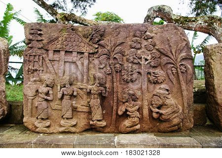 Stone sculpture and relief in Sukuh Temple, Central Java, Indonesia