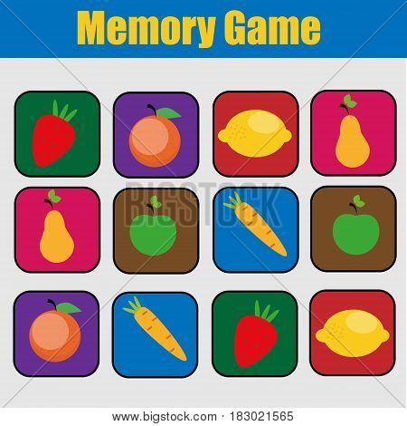 Educational children game, kids activity. Memory game, friuts and vegetables theme. Find pairs of same images