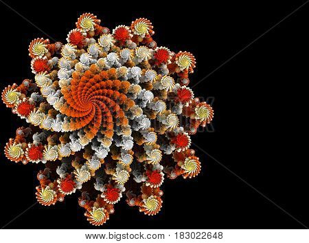 An abstract computer generated modern fractal design on dark background. Abstract fractal color texture. Digital art. Abstract Form & Colors. Abstract fractal element pattern for your design. Like romanesco broccoli fractal with colour spiral