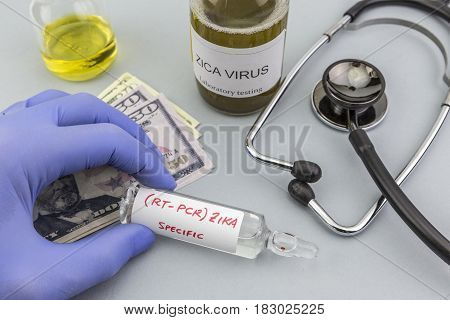 Tests for Research of ZIKA test and vials on tickets of dollar Americans concept of pharmaceutical copayment