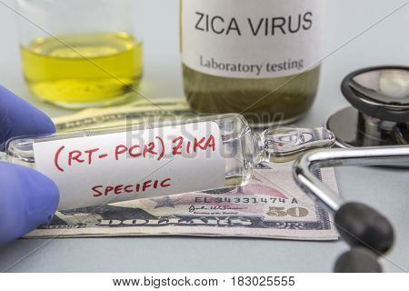 Tests for Research of ZIKA test and vials on tickets of dollar Americans concept of pharmaceutical copayment