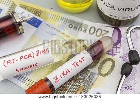 Tests For Research Of Zika Test And Vials On Tickets Of Euro, Concept Of Pharmaceutical Copayment