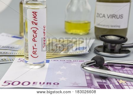 Tests For Research Of Zika Test And Vials On Tickets Of Euro, Concept Of Pharmaceutical Copayment