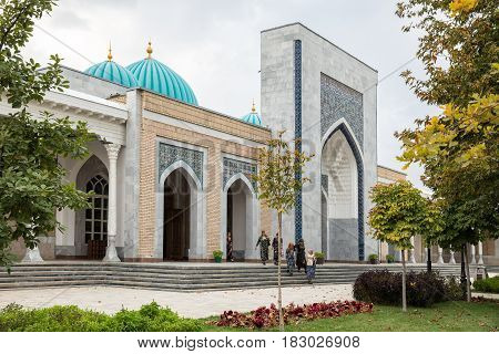 HARTANG SAMARKAND REGION UZBEKISTAN - OCTOBER 16 2016:  The Imam al-Bukhari Memorial Complex. Local women out of the mosque