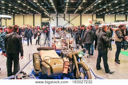 St. Petersburg Russia - 15 April, A crowd of people and motorcycles,15 April, 2017.
International Motor Show IMIS-2017 in Expoforurum.
Visitors and participants of the annual moto-salon in St. Petersburg.