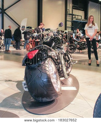 St. Petersburg Russia - 15 April, Motobike with a huge rear wheel,15 April, 2017.
International Motor Show IMIS-2017 in Expoforurum.
Motorcycles and motoconcepts presented at St. Petersburg Motor Show.