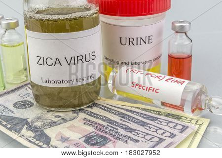 Tests for Research of ZIKA test and vials on tickets of dollar Americans concept of pharmaceutical copayment