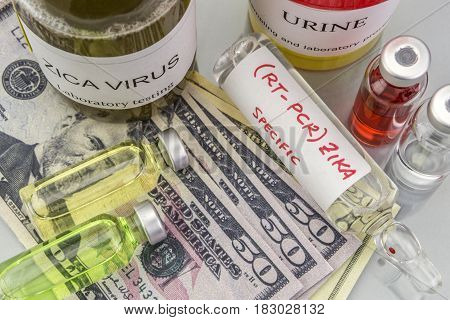 Tests for Research of ZIKA test and vials on tickets of dollar Americans concept of pharmaceutical copayment