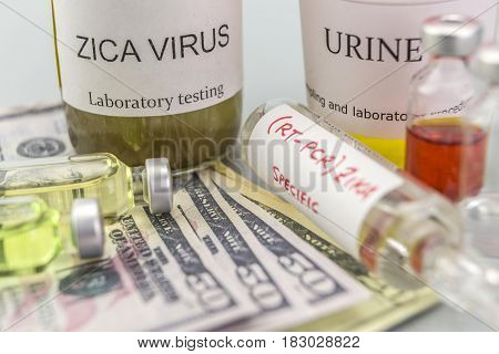 Tests for Research of ZIKA test and vials on tickets of dollar Americans concept of pharmaceutical copayment