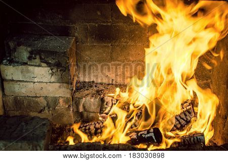 Burning firewoods in barbeque brick furnace close up. Fire and embers background.
