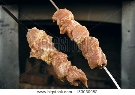 Barbecue meat on the skewer. Meat on the coals. barbecue vacation concept close up.