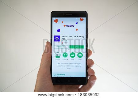 Paris, France, april 22, 2017: Badoo application on google play store on smartphone