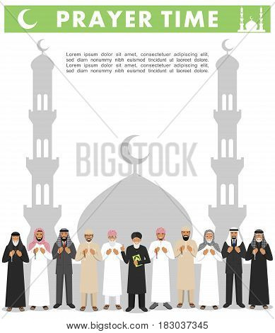 Islamic people standing together with beads in hands and pray. Mufti with quran. Silhouette of a mosque and minarets. Vector illustration.
