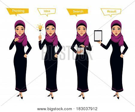 Arab business woman character poses. Woman thinks. Woman has idea, searches something on tablet and shows result on tablet. Illustration shows search process