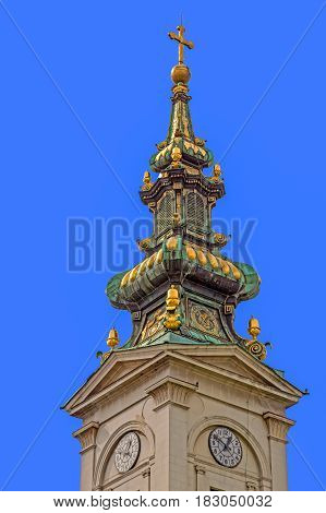 BELGRADE SERBIA MARCH 18 2017: Tower of Cathedral Church of St. Michael the Archangel in Belgrade Serbia.