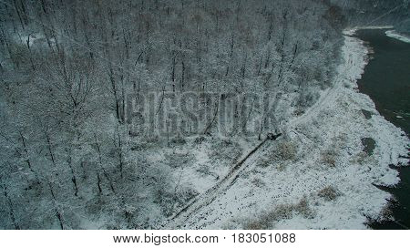 Aerial view near of Kinderlinskaya cave and village Tash-Asty on Zilim river