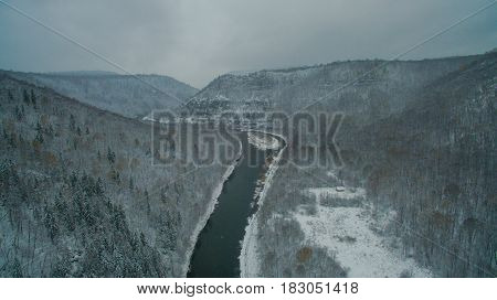 Aerial view near of Kinderlinskaya cave and village Tash-Asty on Zilim river