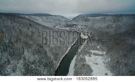 Aerial view near of Kinderlinskaya cave and village Tash-Asty on Zilim river