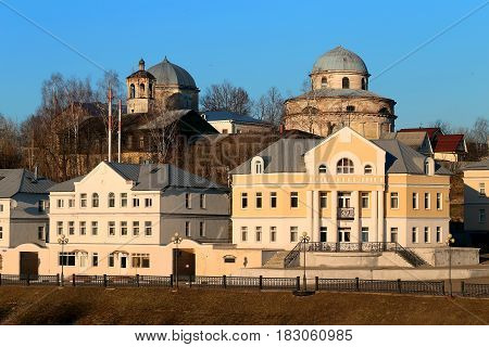 Photo view from above town Torzhok with a river and houses
