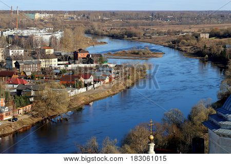 Photo view from above town Torzhok with a river and houses