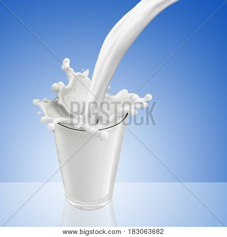 Splash of milk from the glass .Blue background. 3d rendering