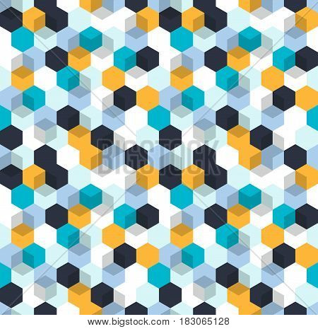 Honeycomb vector background. Seamless pattern with colored hexagons and cubes. Geometric texture, ornament of blue, white and yellow color for business presentation backdrop.