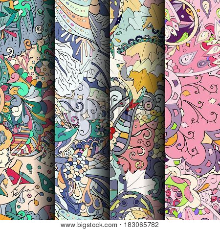 Set Of Tracery Colorful Seamless Patterns. Curved Doodling Backgrounds For Textile Or Printing With
