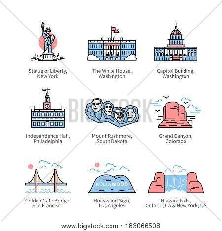 City travel landmarks, tourist attraction in various places of United States of America. Thin line art icons with flat colorful design elements. Modern linear style illustrations isolated on white.