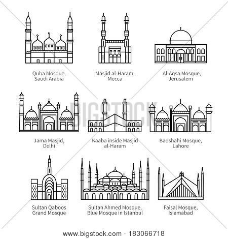 Famous mosques and Islam's holiest places. City travel landmarks. Thin black line art icons with flat design elements. Modern linear style illustrations isolated on white.