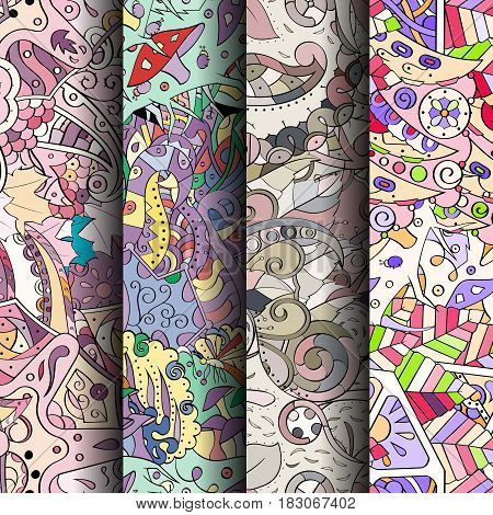Set Of Tracery Colorful Seamless Patterns. Curved Doodling Backgrounds For Textile Or Printing With