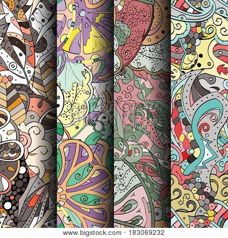 Set Of Tracery Colorful Seamless Patterns. Curved Doodling Backgrounds For Textile Or Printing With