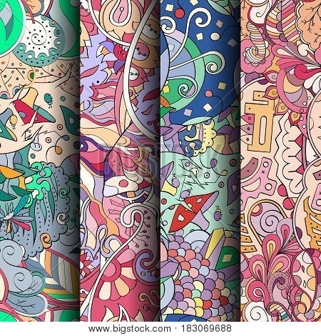 Set Of Tracery Colorful Seamless Patterns. Curved Doodling Backgrounds For Textile Or Printing With
