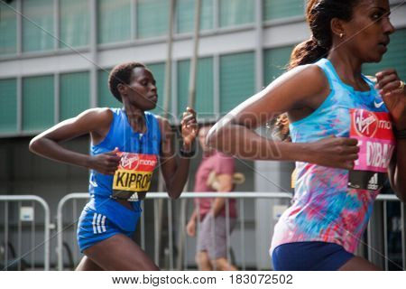 LONDON - APRIL 23, 2017: KIPROP, Helah and DIBABA, Tirunesh  run in the Virgin Money London Marathon on April 23, 2017 in Isle of Dogs. 