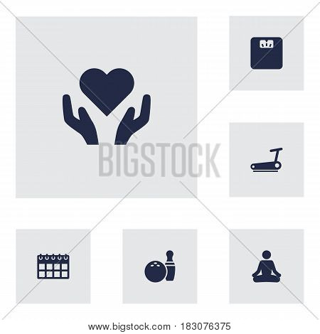 Set Of 6 Bodybuilding Icons Set.Collection Of Heart In Hand, Kegling, Body Balance Elements.