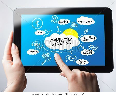 Business, Technology, Internet And Network Concept. Young Man Pointing At Marketing Plan Concept