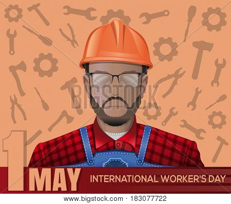 Labor Day poster with worker man on the background of tools. Happy International Workers Day. 1 May. May Day. Labor Day. Vector illustration