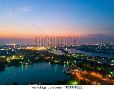 Aerial view of beautiful sunset in Rama 9 public park in Bangkok