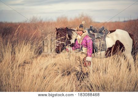 Kazakh Eagle Hunters In Traditionally Wearing Typical Mongolian Dress Culture Of Mongolia She Rider