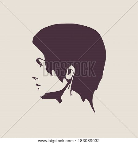 Face side view. Elegant silhouette of a female head. Vector Illustration. Short hair. Monochrome gamma.