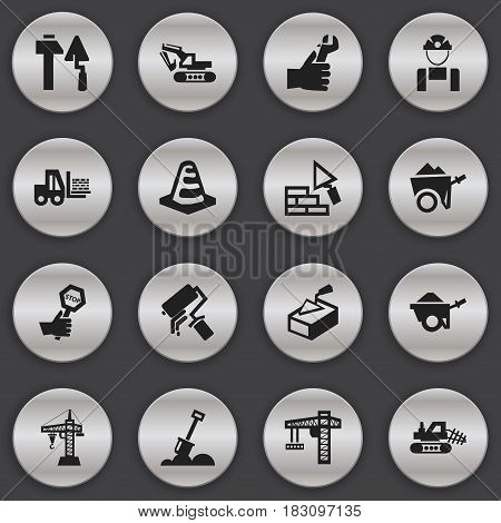 Set Of 16 Editable Construction Icons. Includes Symbols Such As Employee, Excavation Machine, Notice Object And More. Can Be Used For Web, Mobile, UI And Infographic Design.