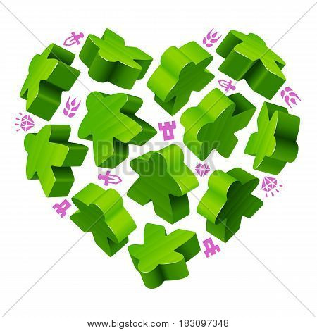 Vector game pieces in the shape of heart. Green wooden meeples and resources counter icons isolated on yellow background. Concept of love by board games