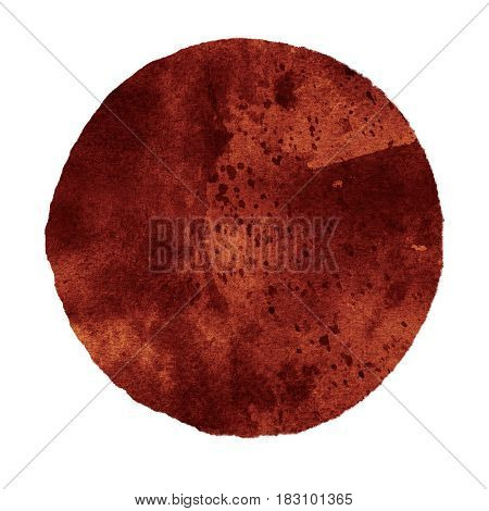 Watercolor abstract brown circle isolated on white background. Modern spot of round shape painted in watercolor in shades of ochra and caramel colors. Trendy watercolour texture