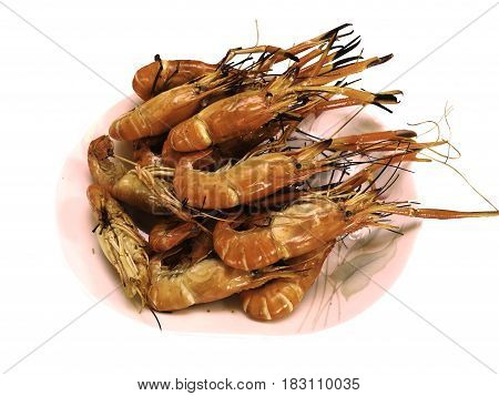 Grilled river prawn on plate isolated white background