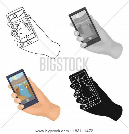 Taking photo on smart phone icon in cartoon design isolated on white background. Hipster style symbol stock vector illustration.