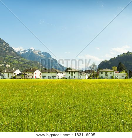 Panorama of the town of Brunnen. Traditional Alpine meadows with luscious bright grass. Travel to Europe.