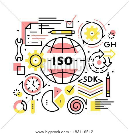 ISO business standards collage concept. Biz management, development and growth methods. Modern thin line art icons background. Linear style illustrations isolated on white.