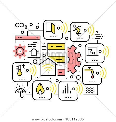 Smart home devices, Internet of Things collage. Remote server controlled sensors for motion, temperature, humidity, fire and smoke. Thin line art icons. Linear style illustrations isolated on white.