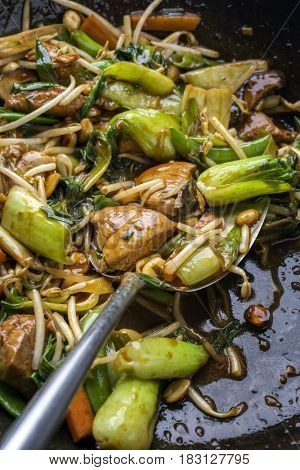 Traditional stir fried Chicken Gung Bao with Vegetable as close-up in Wok